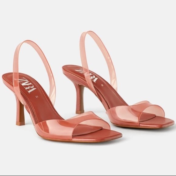 Zara high heel vinyl sandals, coral, sz 9